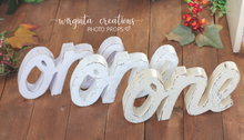 Load image into Gallery viewer, Handmade Wooden Curved "ONE" Word for Cake Smash Photos - Available in Distressed or Plain Colors | Made to order