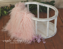 Load image into Gallery viewer, Wooden oval crib. Photography Prop, Sitter, Toddler, Posing prop, Sturdy, White distressed, Cream, Handcrafted, Wooden Studio prop. Made-to-order