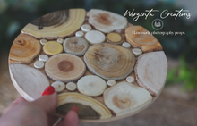 Load image into Gallery viewer, Handmade Juniper Wood Tray - Natural & Decorative Presentation coasters for Coffee, Candles, and More - Rustic and Elegant Design Options - 18cm Diameter