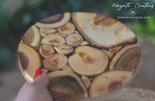 Load image into Gallery viewer, Handmade Juniper Wood Tray - Natural & Decorative Presentation coasters for Coffee, Candles, and More - Rustic and Elegant Design Options - 18cm Diameter