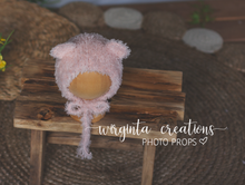 Load image into Gallery viewer, Fuzzy yarn knitted teddy bear bonnet for newborn. Pink. Ready to send