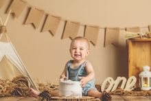 Load image into Gallery viewer, Handmade Wooden Curved "ONE" Word for Cake Smash Photos - Available in Distressed or Plain Colors | Made to order