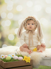 Load image into Gallery viewer, Handmade Beige Tattered Bunny Bonnet - Photography Prop for 6–24 Months - Easter