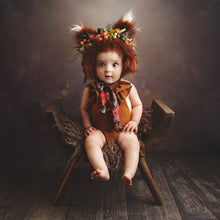 Load image into Gallery viewer, Handmade Tattered Fox Bonnet for Babies &amp; Toddlers | Burnt Orange | Decorated with Faux Fur, Artificial Berries &amp; Greenery | 9-24 Months | Photo Prop