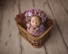 Load image into Gallery viewer, Flower Bonnet for Newborns (0-3 Months) - Photography Headpiece - Purple Colour - Photo Prop