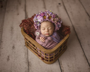 Flower Bonnet for Newborns (0-3 Months) - Photography Headpiece - Purple Colour - Photo Prop