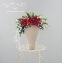 Load image into Gallery viewer, Red, White, Green Headpiece | Christmas Photography Crown | Artificial Flowers for Adults