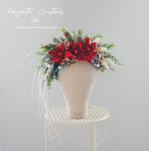 Red, White, Green Headpiece | Christmas Photography Crown | Artificial Flowers for Adults