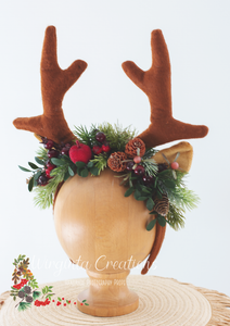 Handmade Reindeer Antler Headband with Pinecones, Fruits & Berries – Christmas Photography Prop for Kids & Adults