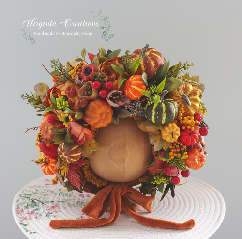 Pumpkin-Inspired Flower Bonnet for 6-24 Months Old. Autumn Headpiece. Photography Prop. Burnt Orange, Brown, Rustic Vibrant Colours