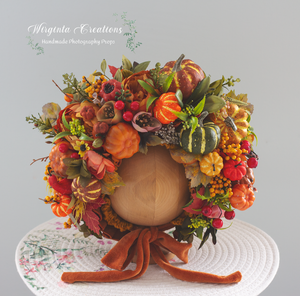 Pumpkin-Inspired Flower Bonnet for 6-24 Months Old. Autumn Headpiece. Photography Prop. Burnt Orange, Brown, Rustic Vibrant Colours