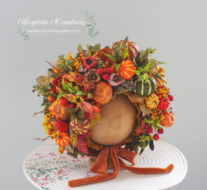 Pumpkin-Inspired Flower Bonnet for 6-24 Months Old. Autumn Headpiece. Photography Prop. Burnt Orange, Brown, Rustic Vibrant Colours