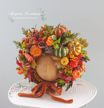 Load image into Gallery viewer, Pumpkin-Inspired Flower Bonnet for 6-24 Months Old. Autumn Headpiece. Photography Prop. Burnt Orange, Brown, Rustic Vibrant Colours