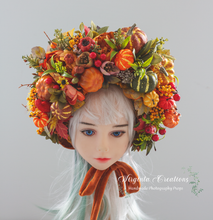Load image into Gallery viewer, Pumpkin-Inspired Flower Bonnet for 6-24 Months Old. Autumn Headpiece. Photography Prop. Burnt Orange, Brown, Rustic Vibrant Colours