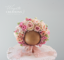 Load image into Gallery viewer, Baby pink flower bonnet for 6-24 months old, photography prop, artificial flower headpiece