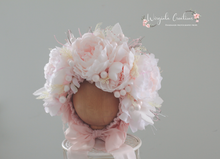 Load image into Gallery viewer, Flower Bonnet for 12-24 Months | Baby Pink, White Colours | Handmade| Artificial Flower Headpiece | Photo Prop
