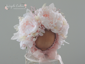 Flower Bonnet for 12-24 Months | Baby Pink, White Colours | Handmade| Artificial Flower Headpiece | Photo Prop