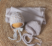 Load image into Gallery viewer, Newborn Wrap and Two Bonnets Set - Beige Colour - Handmade - Ready to Send - Photography Prop