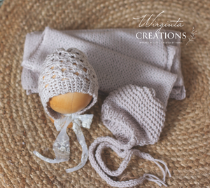 Newborn Wrap and Two Bonnets Set - Beige Colour - Handmade - Ready to Send - Photography Prop