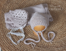 Load image into Gallery viewer, Newborn Wrap and Two Bonnets Set - Beige Colour - Handmade - Ready to Send - Photography Prop