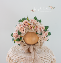 Load image into Gallery viewer, Beige, Green Flower Bonnet for 6-24 Months Old | Photography Prop | Artificial Flower Headpiece