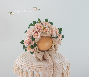Beige, Green Flower Bonnet for 6-24 Months Old | Photography Prop | Artificial Flower Headpiece