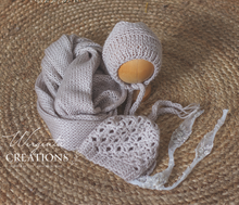 Load image into Gallery viewer, Beige Handmade Wrap and Two bonnets set for newborn, photography prop, ready to send