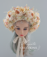 Load image into Gallery viewer, Flower Bonnet for 12-24 Months Old - Beige Colour - Handmade - Artificial Peonies Headpiece - Photo Prop