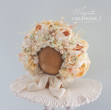 Load image into Gallery viewer, Flower Bonnet for 12-24 Months Old - Beige Colour - Handmade - Artificial Peonies Headpiece - Photo Prop