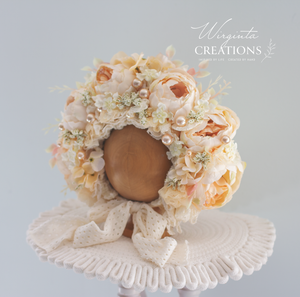 Flower Bonnet for 12-24 Months Old - Beige Colour - Handmade - Artificial Peonies Headpiece - Photo Prop