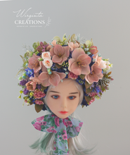 Load image into Gallery viewer, Flower Bonnet for 12-24 Months - Blue, Pink Colour - Handmade - Artificial Flower Headpiece - Photo Prop