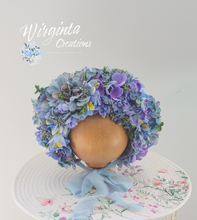 Load image into Gallery viewer, Flower Bonnet for 6-18 Months - Blue Colour - Handmade - Artificial Flower Headpiece - Photo Prop