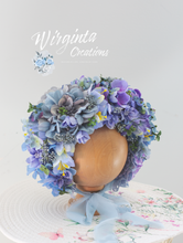 Load image into Gallery viewer, Flower Bonnet for 6-18 Months - Blue Colour - Handmade - Artificial Flower Headpiece - Photo Prop