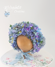 Load image into Gallery viewer, Flower Bonnet for 6-18 Months - Blue Colour - Handmade - Artificial Flower Headpiece - Photo Prop