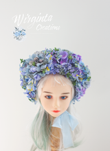 Load image into Gallery viewer, Flower Bonnet for 6-18 Months - Blue Colour - Handmade - Artificial Flower Headpiece - Photo Prop