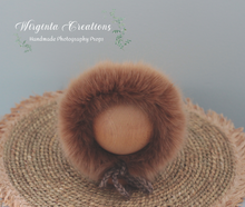 Load image into Gallery viewer, Knitted Bonnet Decorated with Faux Fur for Newborn | Photography Prop | Brown