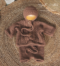 Load image into Gallery viewer, Handmade Three Piece Set for Newborn - Brown Knitted Cardigan, Bonnet and Shorts - Photography Prop