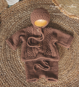 Handmade Three Piece Set for Newborn - Brown Knitted Cardigan, Bonnet and Shorts - Photography Prop