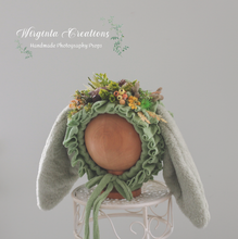 Load image into Gallery viewer, Bunny Bonnet for 6-24 Months Old | Mint Green Colour | Decorated with Artificial Flowers and Bits | Handmade | Photography Prop