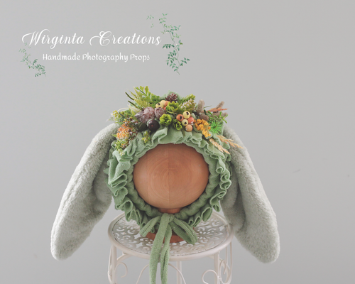 Bunny Bonnet for 6-24 Months Old | Mint Green Colour | Decorated with Artificial Flowers and Bits | Handmade | Photography Prop