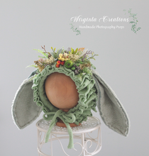 Load image into Gallery viewer, Bunny Bonnet for 6-24 Months Old | Mint Green Colour | Decorated with Artificial Flowers and Bits | Handmade | Photography Prop
