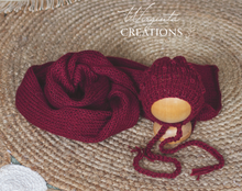 Load image into Gallery viewer, Wrap and Bonnet Set - Newborn - Burgundy Colour - Handmade - Ready to Send - Photography Prop