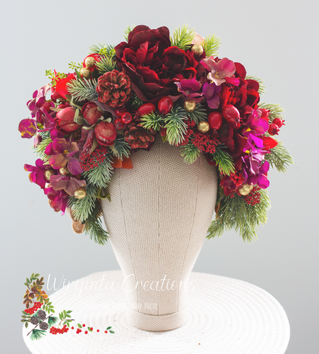 Artificial Christmas Floral Crown – Burgundy - Photography Prop for Adults and Older Children. Wirginta Creations-  the creator
