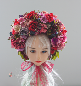 Christmas Flower Bonnet for 9–24 Months Olds - Handmade Festive Headpiece - Bonnet's Colours: Blue, White, Pink - Photography Prop