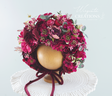 Load image into Gallery viewer, Flower Bonnet for 12-24 Months Old - Burgundy Colour - Handmade - Artificial Flower Headpiece - Photo Prop