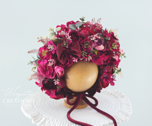 Load image into Gallery viewer, Flower Bonnet for 12-24 Months Old - Burgundy Colour - Handmade - Artificial Flower Headpiece - Photo Prop