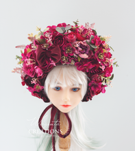 Load image into Gallery viewer, Flower Bonnet for 12-24 Months Old - Burgundy Colour - Handmade - Artificial Flower Headpiece - Photo Prop