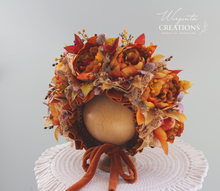Load image into Gallery viewer, Flower Bonnet for 12-24 Months Old - Burnt Orange Colour - Handmade - Boho - Artificial Flower Headpiece - Photo Prop