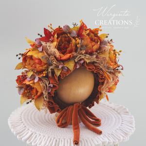 Flower Bonnet for 12-24 Months Old - Burnt Orange Colour - Handmade - Boho - Artificial Flower Headpiece - Photo Prop