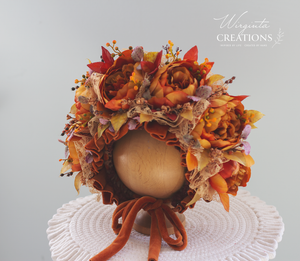 Flower Bonnet for 12-24 Months Old - Burnt Orange Colour - Handmade - Boho - Artificial Flower Headpiece - Photo Prop